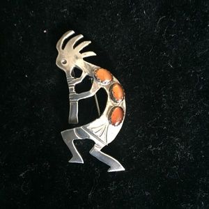 Native American Sterling & Amber Kokopelli Brooch